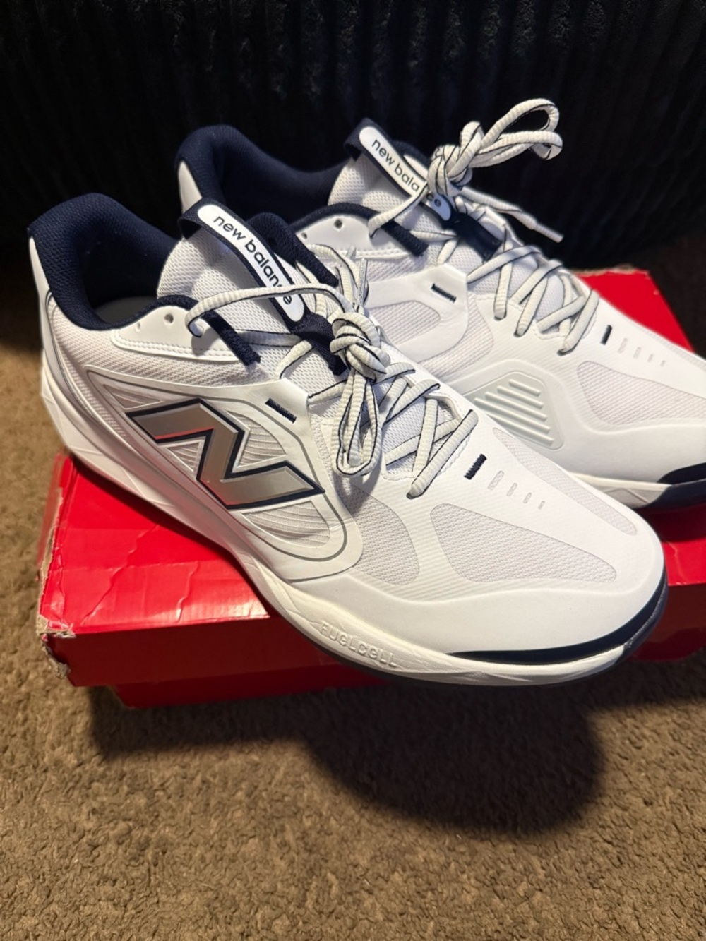 New Balance Men’s White & Navy Athletic Sneakers with Silver Logo